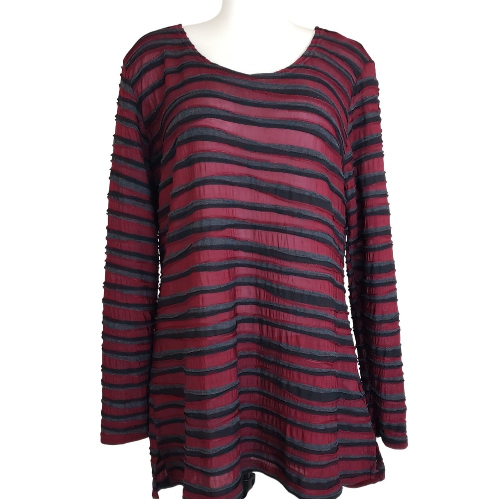 Cut Loose Womens Tunic Top Burgundy Gray Striped‎ LS Textured Sz M semi-sheer